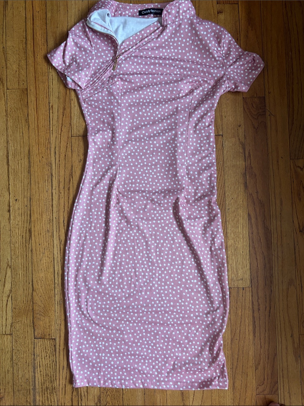 Pink Polka Dot Midi Dress with Short Sleeves